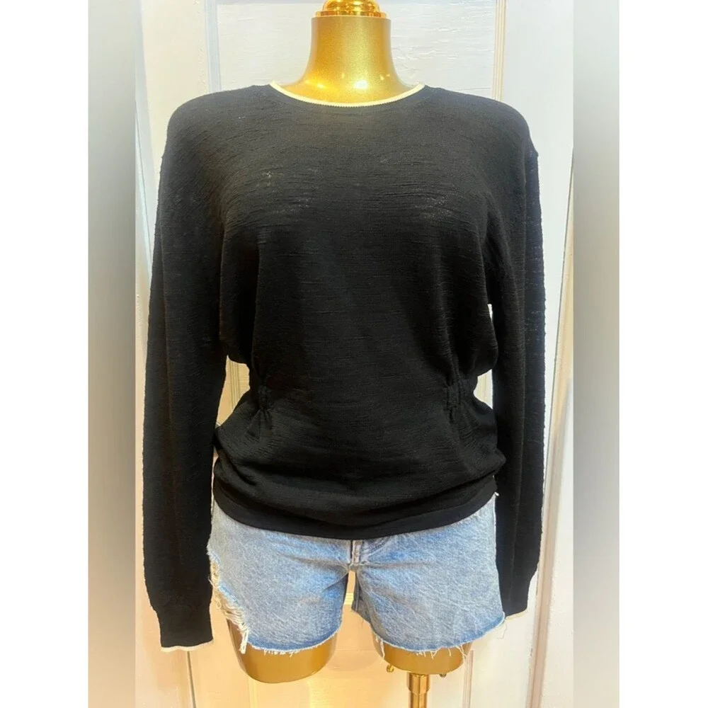 Veronica Beard Charlene Merino Wool Pullover Top Black Ivory Trim Size S